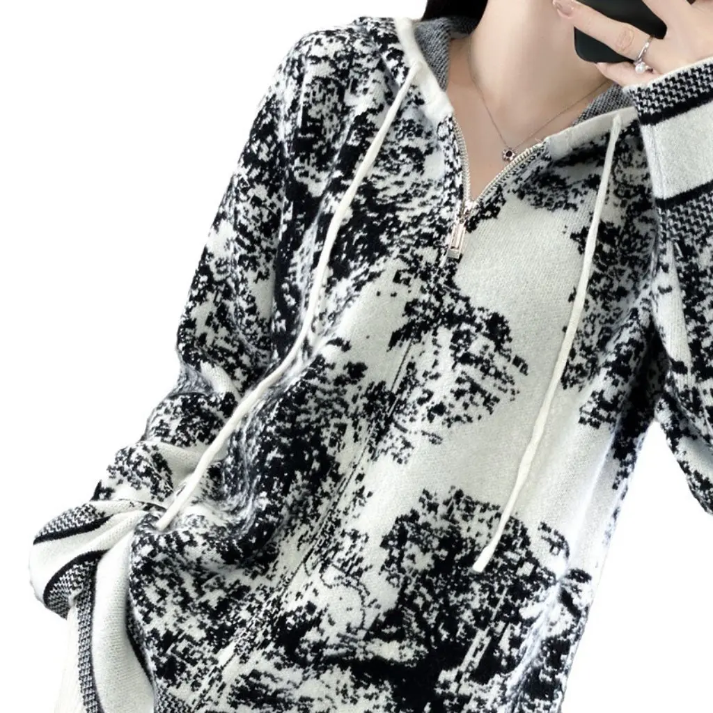

Женский свитер с капюшоном на молнии, кардиган, осень-зима, новый стиль, 100% полиэстер, дизайн тушью, топ с длинными рукавами