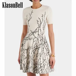 7.2 KlasonBell Women Classic Temperament Print Jacquard Weave O-Neck Short Sleeve Collect Waist Mini Knitted Dress