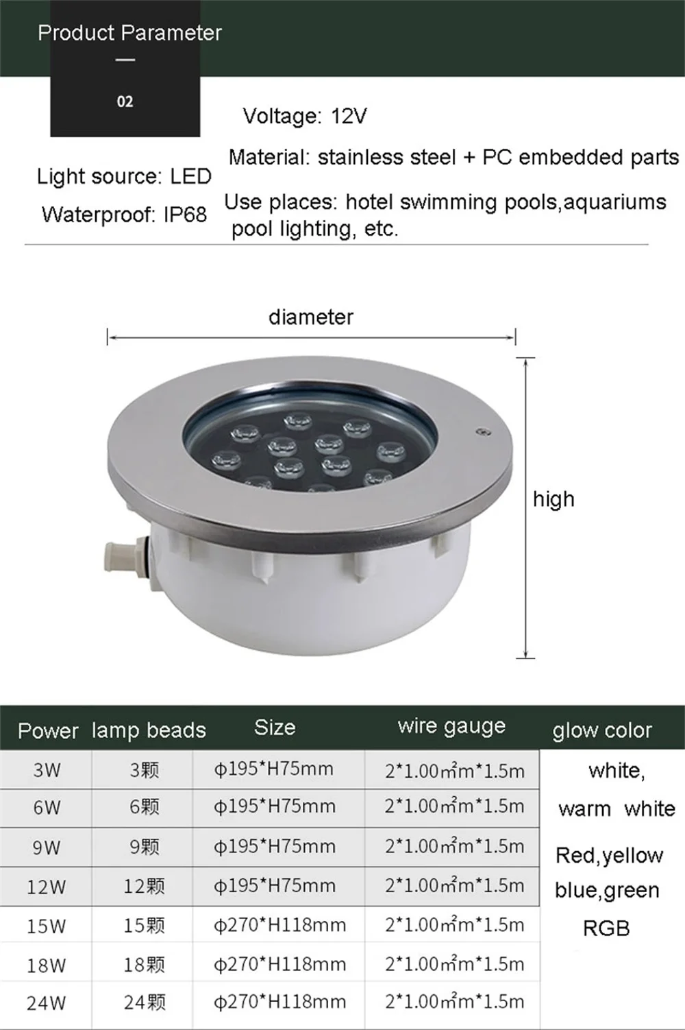 LED水中埋め込み式LEDライト,水中照明,噴水,プール,水族館,IP68防水,6W, 9W, 12V