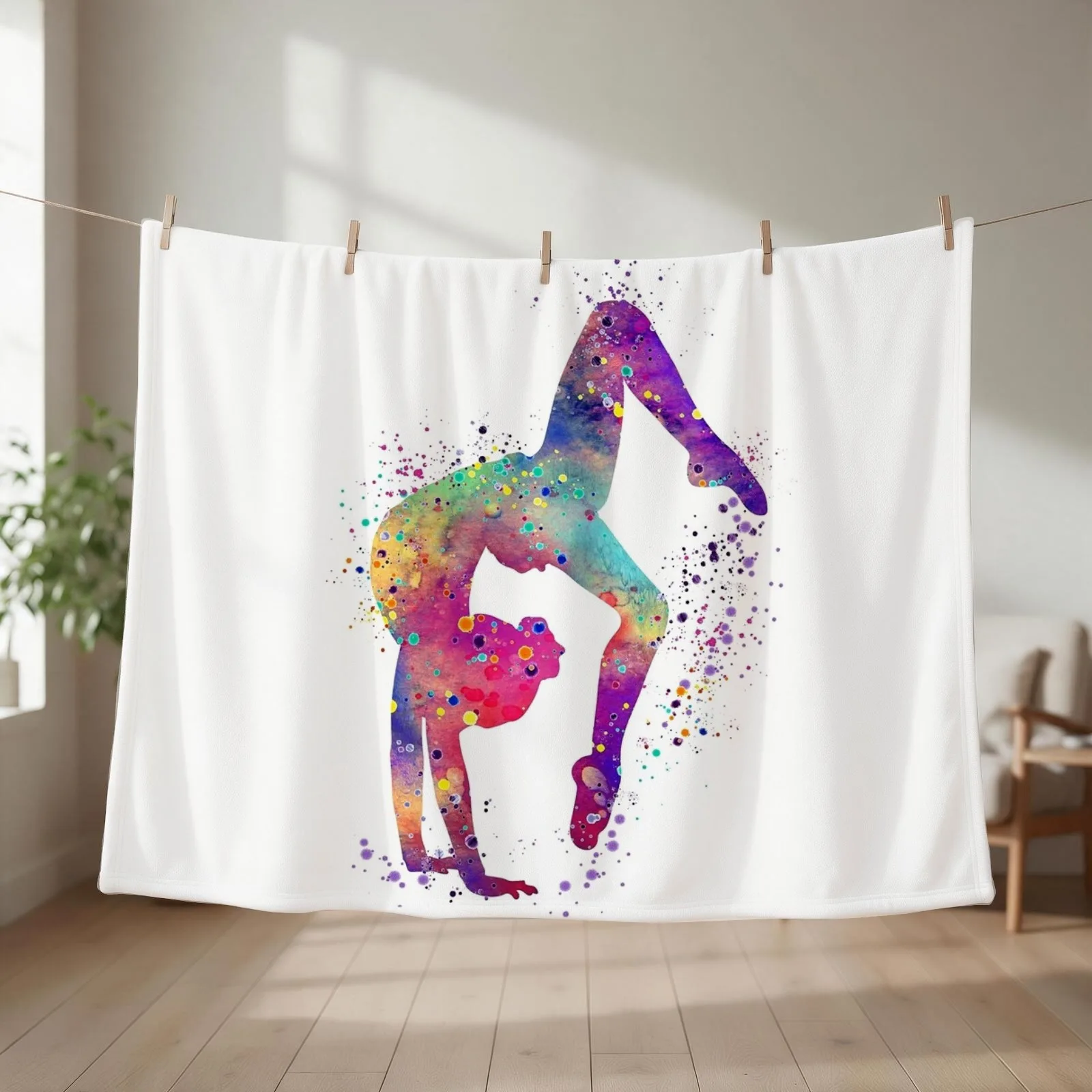Gymnastics Girl Tumbling Colorful Watercolor Art Gift Throw Blanket couch cozy soft plush fuzzy picnic outdoor blanket
