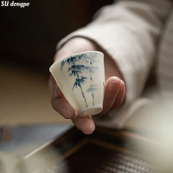 30ml Jade Mud Blue and White Bamboo Small Tea Cup Chinese Style White Porcelain Handpainted Singel Tea Cup