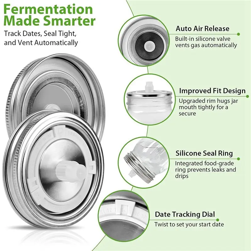 ABGE-Fermentation Lids For Wide Mouth Mason Jars, 12 Stainless Steel Lids With Date Tracking, Starter Fermentation Kit