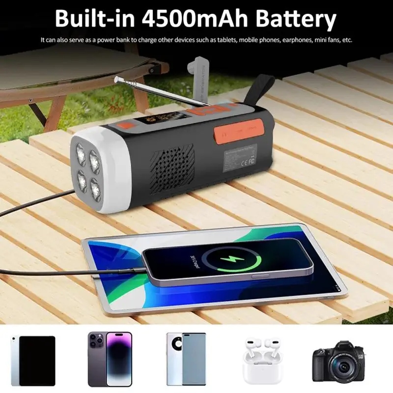 

4500mAh Multifunctional Emergency Radio USB C/Solar/Hand Crank Charging Battery Operated Radio Wind Up Radio for Outdoor Camping