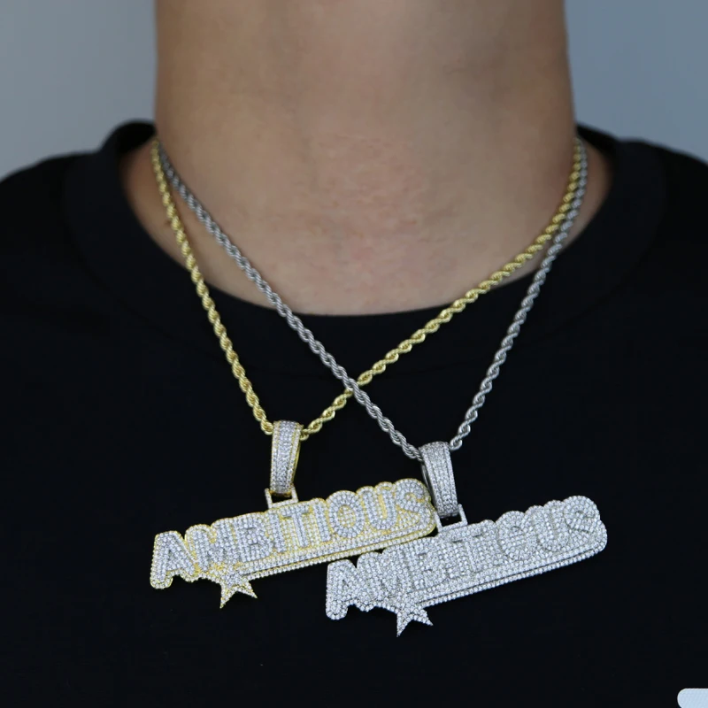 2024 Top Quality Rock Hip Hop Jewelry 5A Cubic Zirconia Paved Gold Color Ambitious Letter Pendant Necklaces Jewelry For Men Boy