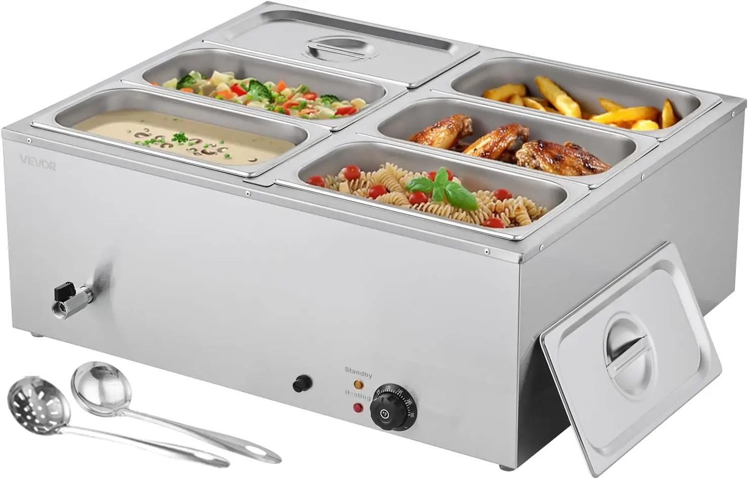 Commercial Food Warmer, 1500W Electric Stainless Steel Steam Food Warmer with Lid, 6-Pan Fast Heating Countertop Buffet Bain Mar