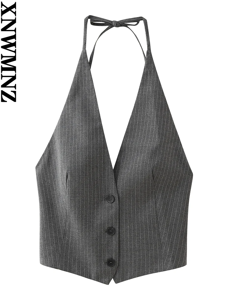 XNWMNZ Women\'s Fashion 2023 Pinstriped Bow Waistcoat Women High Street V-neck Open Back Tie Female Tank Top