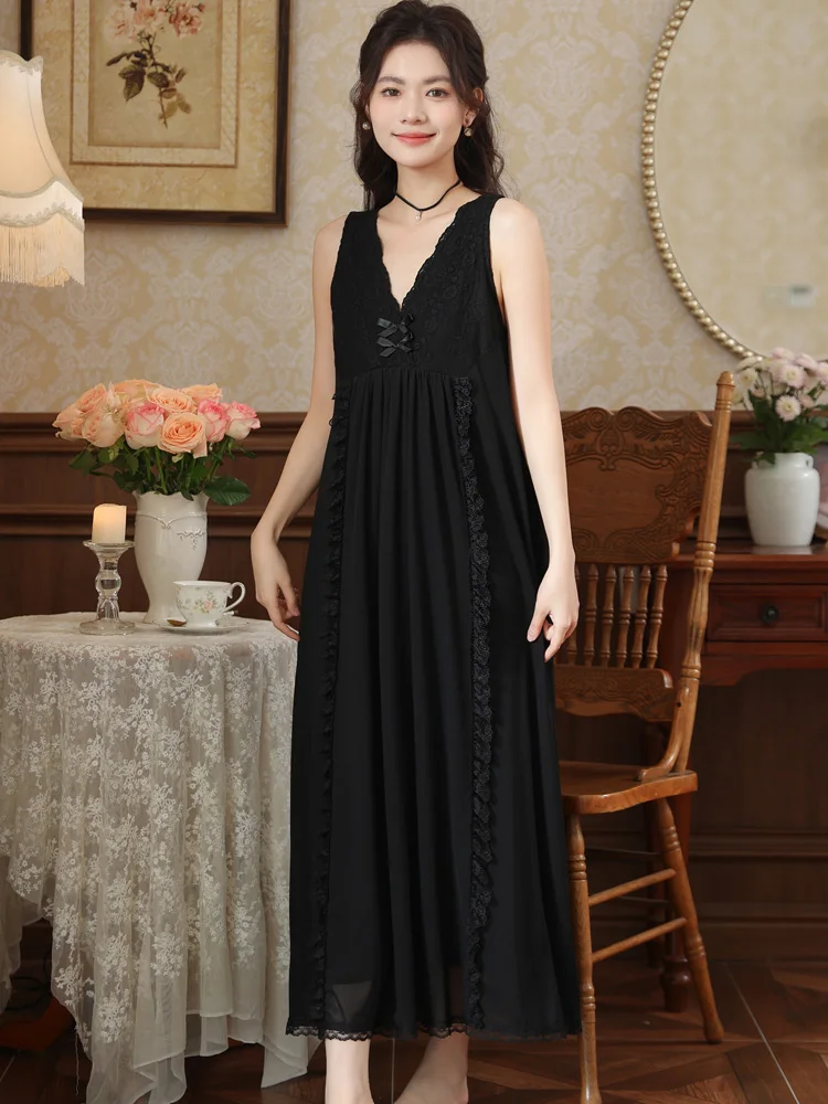 甘いプリンセススタイルの夏の寝間着女性のルーズフィットロングナイトガウンアウターウェア薄いメッシュ生地-v-ネックノースリーブホーム服