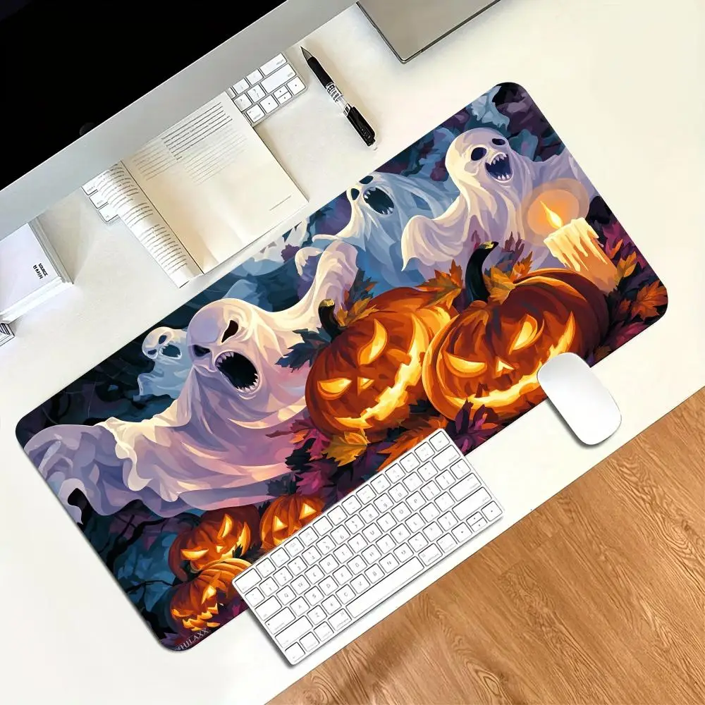 Halloween Ghost Pumpkin Candle XXL Gaming Mouse Pad Non Slip Rubber Base Waterproof Stitched Edge Desk Mat for PC Laptop Home