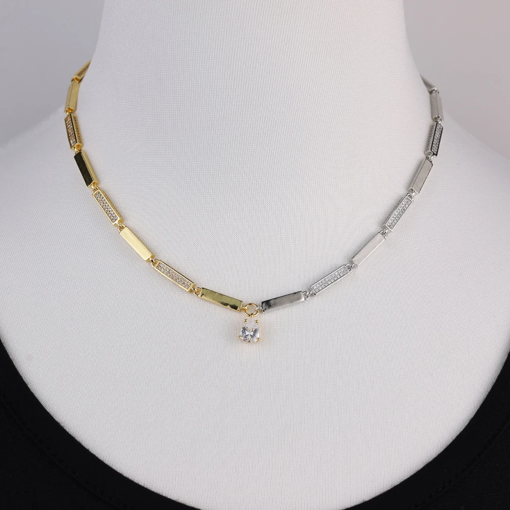Micro Pave 5A Sparking Bling Prong Set Runde CZ Geometrische Rechteck Bar Charme Tennis Kette Choker Halskette Frauen Two ToneJewelry