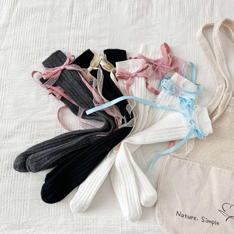 1 Pair INS Sweet Simplicity Knee High Sock for Kids Fashion Bow Ribbon Children Calf Sock Spring Summer Soft Cotton School Sock