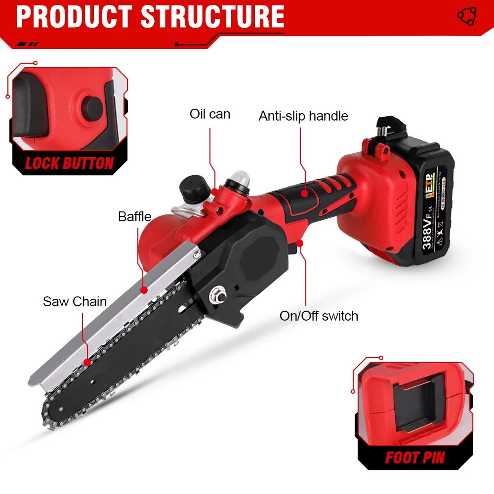 6 Inch 30000RPM Brushless Electric Saw Handheld Cordless Garden Logging Chainsaw for Makita 18V Battery Woodworking Cutting Tool