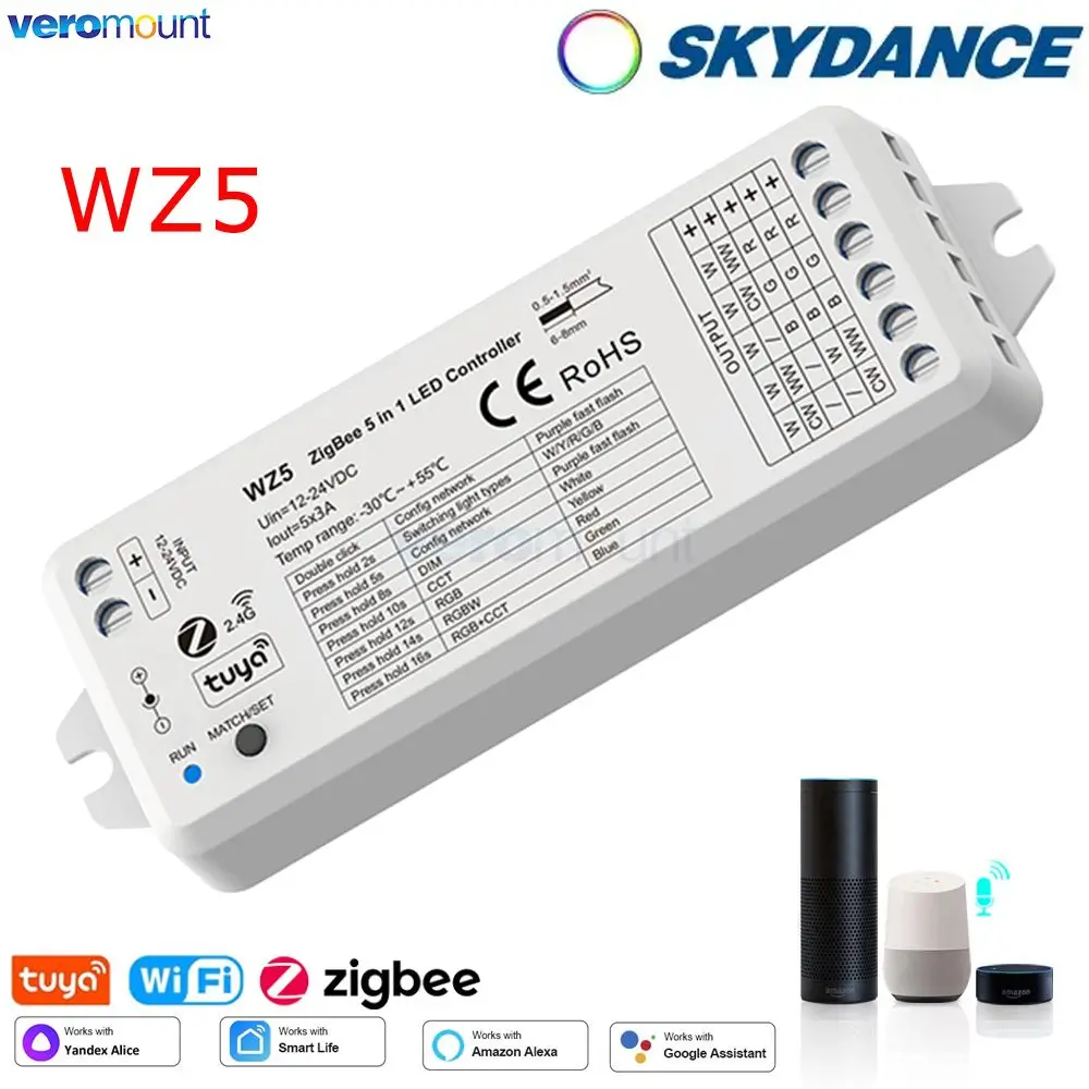 

Skydance Tuya Zigbee WZ5 LED Controller DC 12V 24V 15A 5 in 1 RGB CCT RGBW RGBCCT LED Strip Controller RF 2.4G Wifi Smart Home