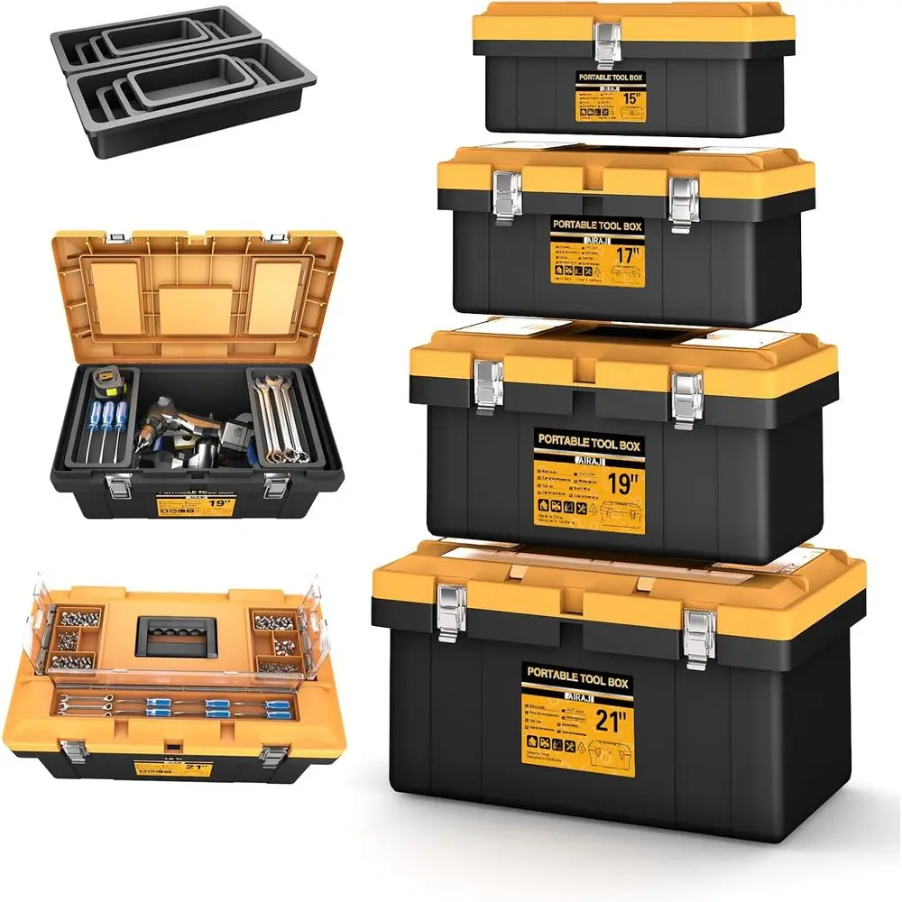

4-in-1 Tool Box Set with 8 Removable Trays, Transparent Parts Box, Metal Buckle, Multi Size for Garage and Professional Storage