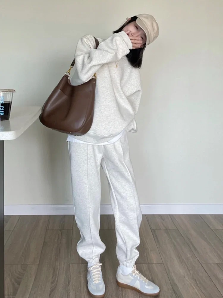 2023 Round Neck Women Loose Casual Full Sleeve Tops Two Piece Sets Splice Autumn Winter Elastic Waist Long Pants Set Solid