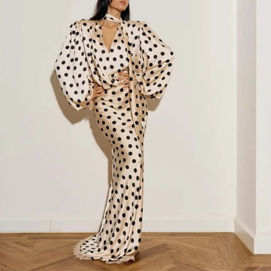 

Новое женское платье весна 2026: европейский и американский ретро-стиль, в горошек, с рукавами-фонариками, длинное, с завышенной талией