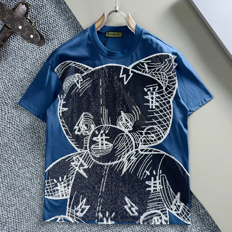 Alex Plein Rhinestones Teddybear Diamond Streetwear Men's Fashion Couple Clothing 2023 Summer Round Neck Shortsleeve Tshirt New