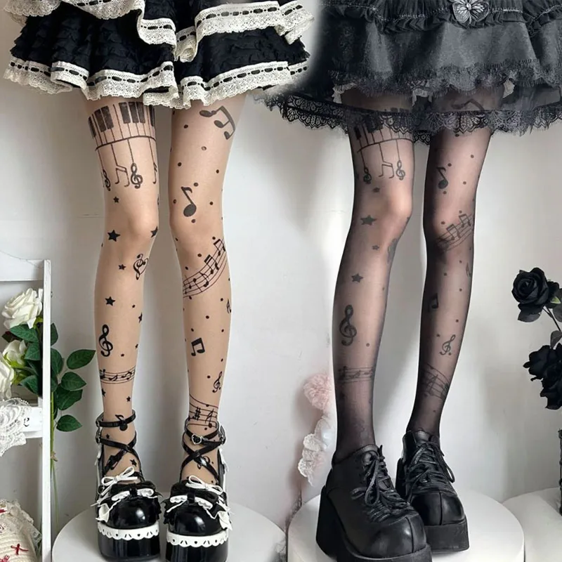 

Y2K женские колготки в стиле Лолиты с принтом музыкальных нот, пикантные осенние новые персонализированные колготки, чулки, тонкие высокоэластичные черные леггинсы
