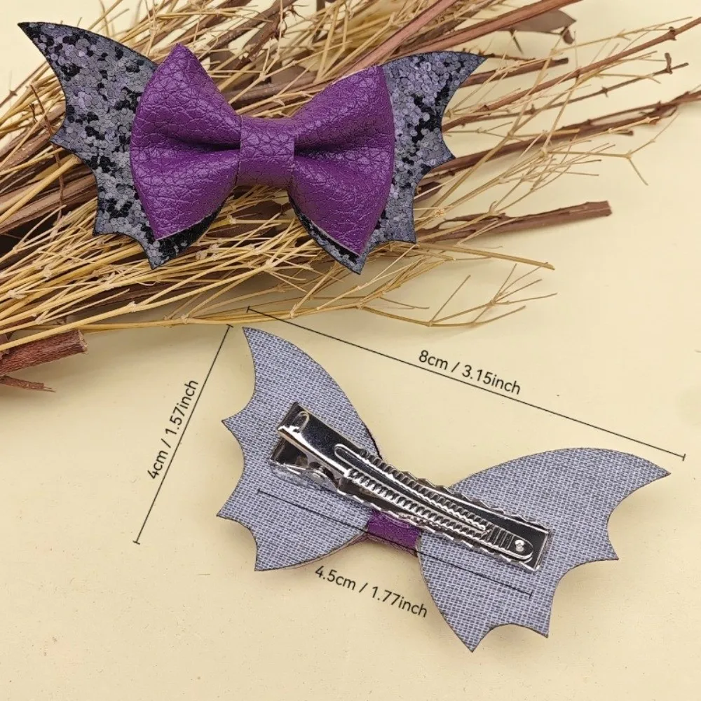 2 pcs/set Bow Bat Wing Hair Clips Double Layered Glitter Halloween Barrettes Black Color Unique Sequins Hairpin Girl view 6
