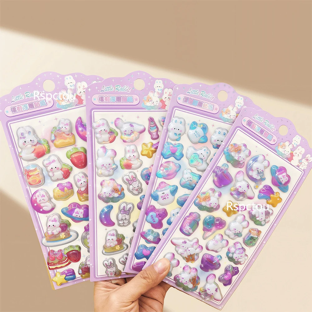 

4pcs Kawaii Rabbit 3D Relief Stickers Creative Cartoon Decoration Decals Funny Laser Bubble Sticker DIY Luggage Phone Notebook