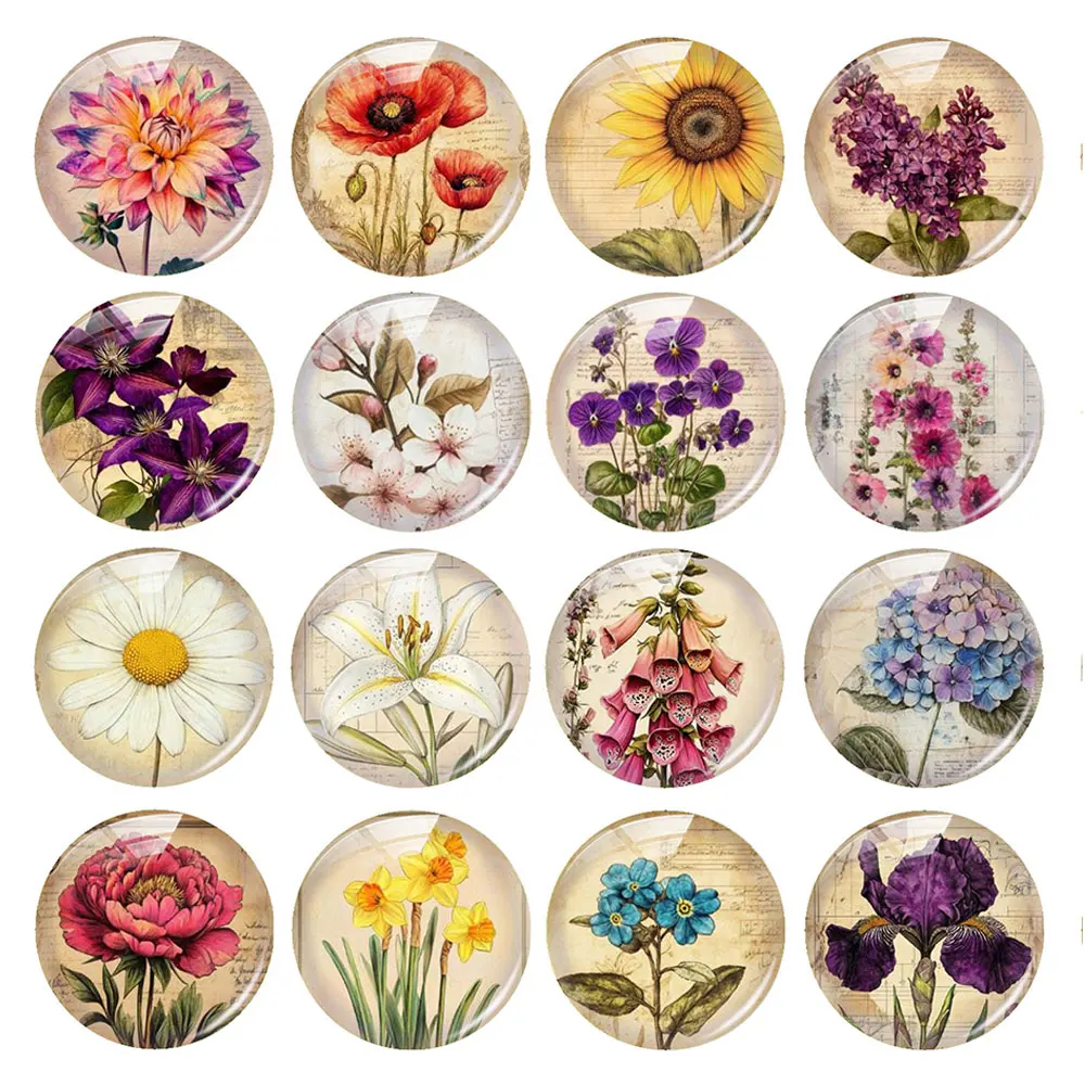 

Random Mixed Round/Oval/Square Retro Botanical Flowers Paeonies Photo Glass Cabochon Flatback Demo Cameo For Diy Jewelry Making
