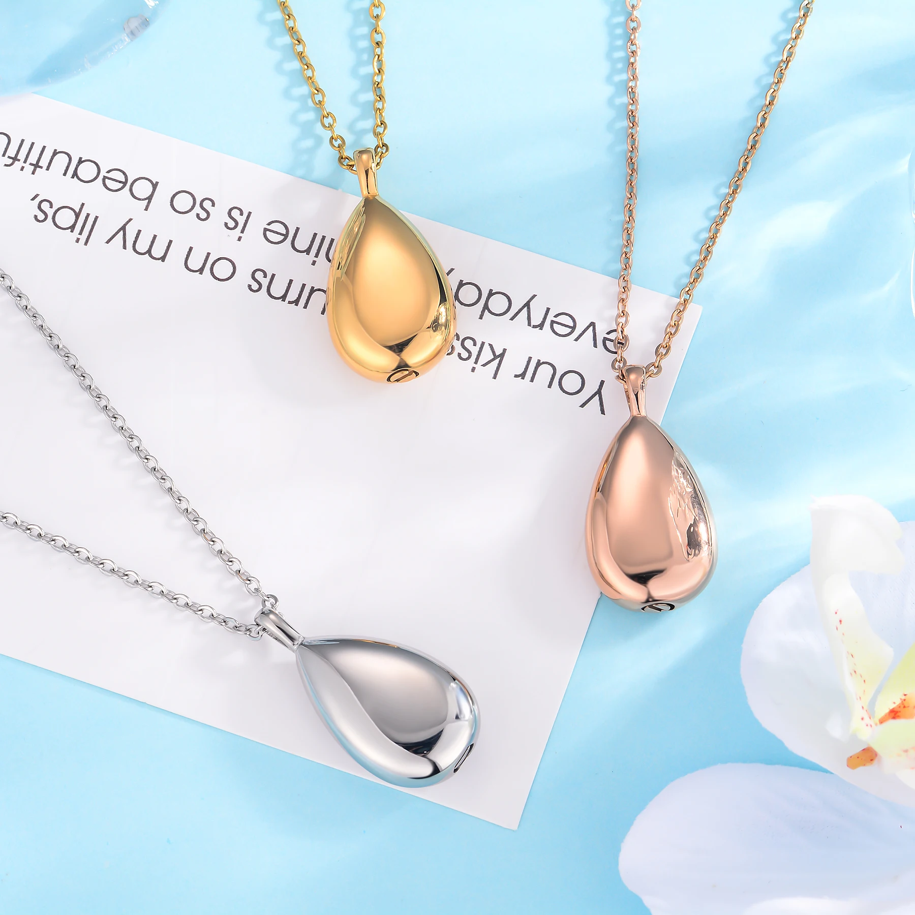 Stainless Steel Waterdrop Cremation Urn Necklace Pendant for Ashes Holder 3 Colors