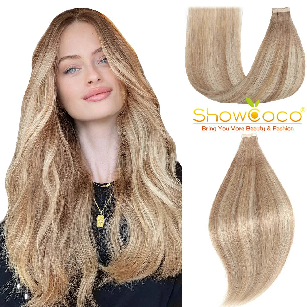 

ShowCoco Double Drawn Tape In Human Hair Extension 100% Human Hair Ombre Color Thick Ends Bone Straight Highligh 14-24"Remy Hair