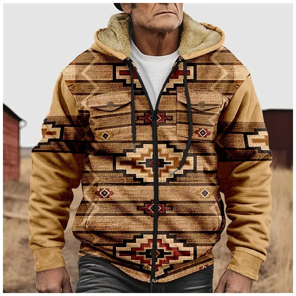 Men Jackets Coats Winter Retro Aztecs Geometric Art Graphics Cardigans Printed Plush Thick Hunting Streetwear Casual Clothing