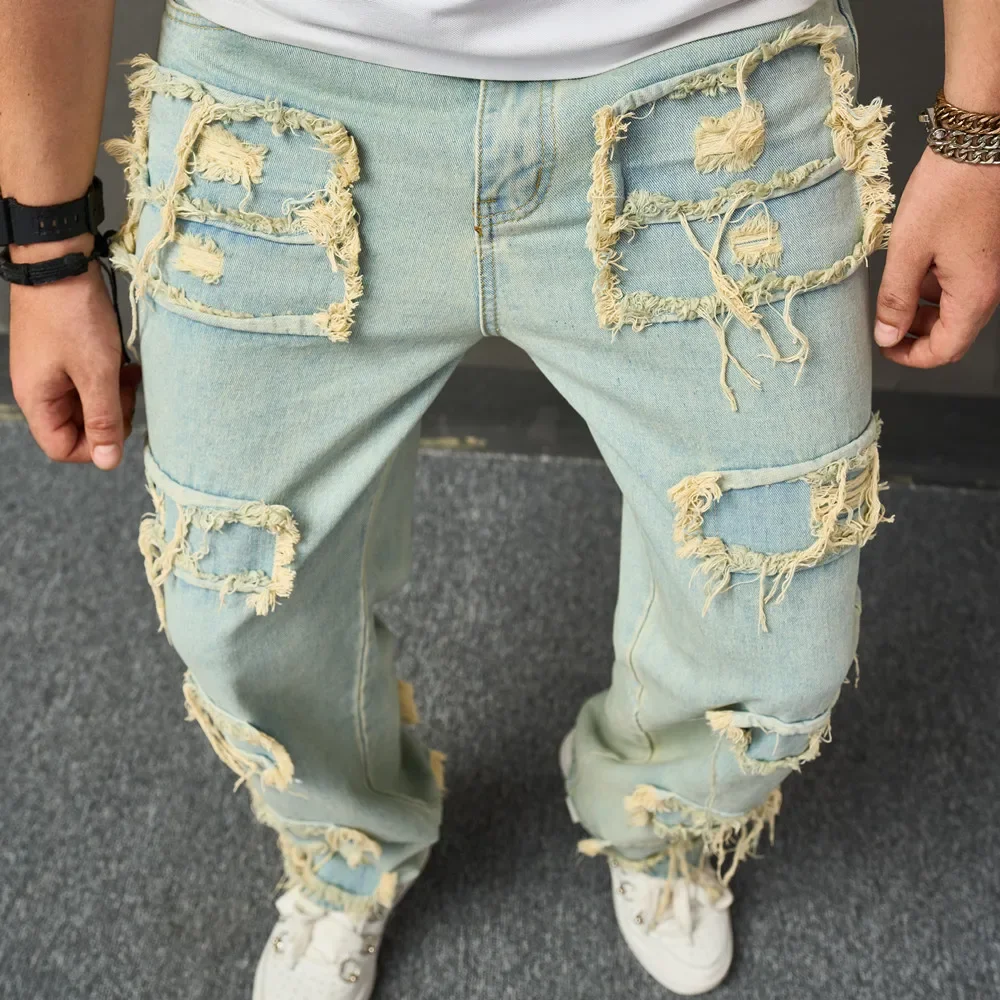 

Retro Style Men HipHop Ripped Patch Spliced Biker Jeans Men's Stylish Motorcycle Casual Straight Denim Pants