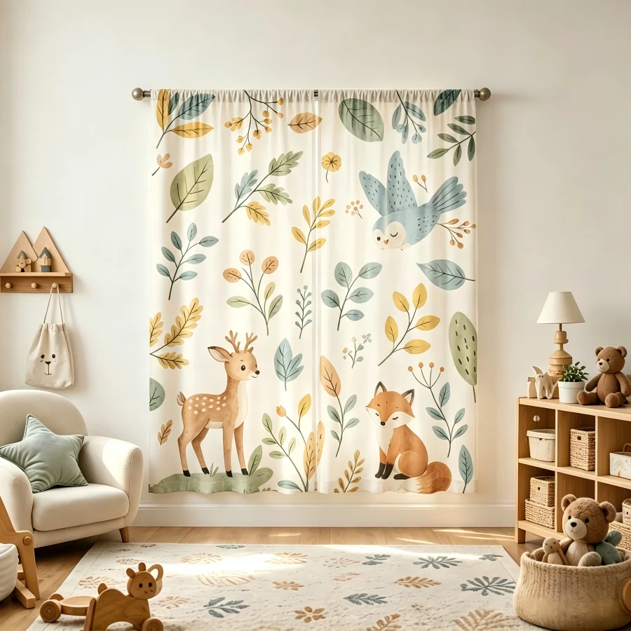 2PCS Digital Print  Curtain, Deer Fox, Vintage Retro Aesthetic  Drape for Apartment Dorm Bedroom Home Decoration