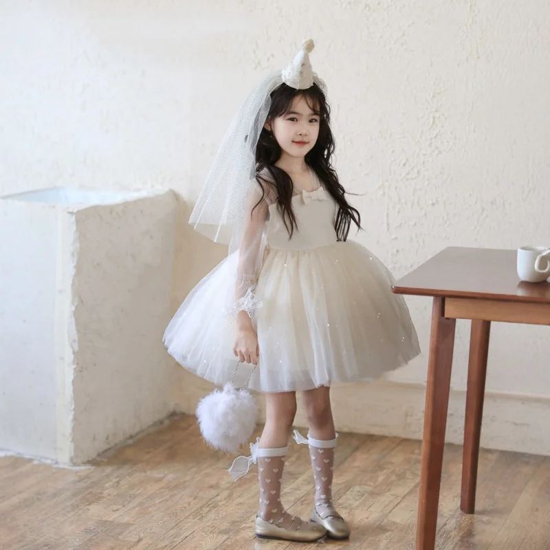 Girls' Bowknot Backless Sparkling Sequin Mesh Dress2026Spring and Summer Girls' Ballet Dress Princess Dress