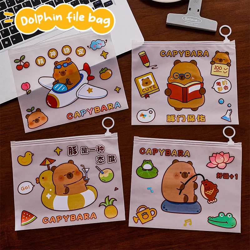 Transparent Waterproof Cartoon Cute Capybara File Bag Light Zipper File Bag Large Opening Portable Storage Bag School Supplies