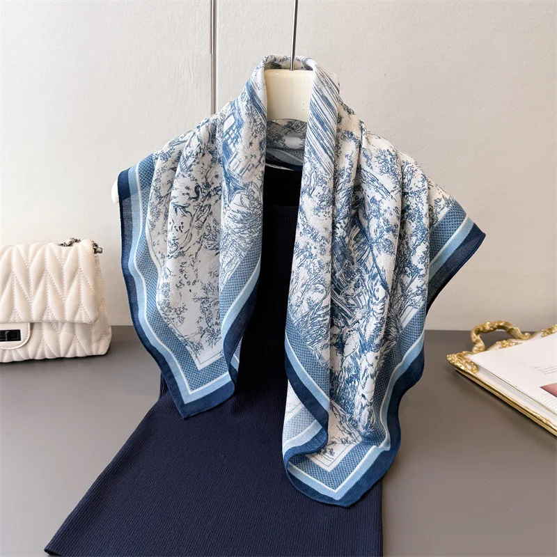 Bufanda cuadrada pequeña de lino y algodón con temperamento de tinta y agua de estilo chino, bufanda de seda, bufanda de terciopelo de imitación, chal, protección solar