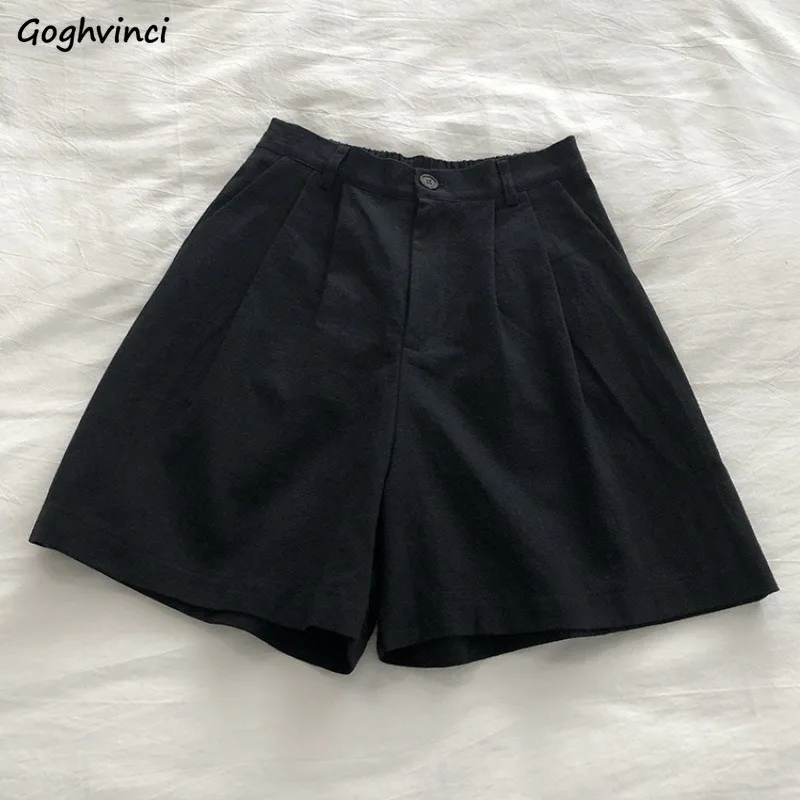 Retro Solid Shorts Women Summer Cotton Linen Folds Design High Elastic Waist Pockets Single Button Wide Leg Loose Slim All-match