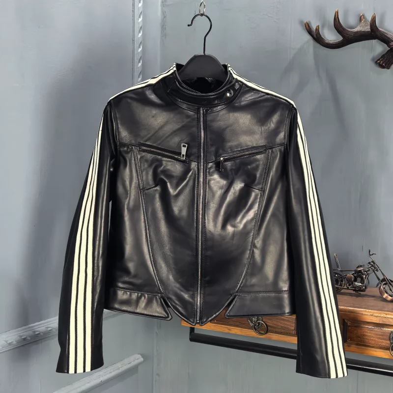 

Новая женская кожаная куртка Haining Spring 2026 из овчины с полосками, на молнии, с воротником-стойкой, модное женское пальто