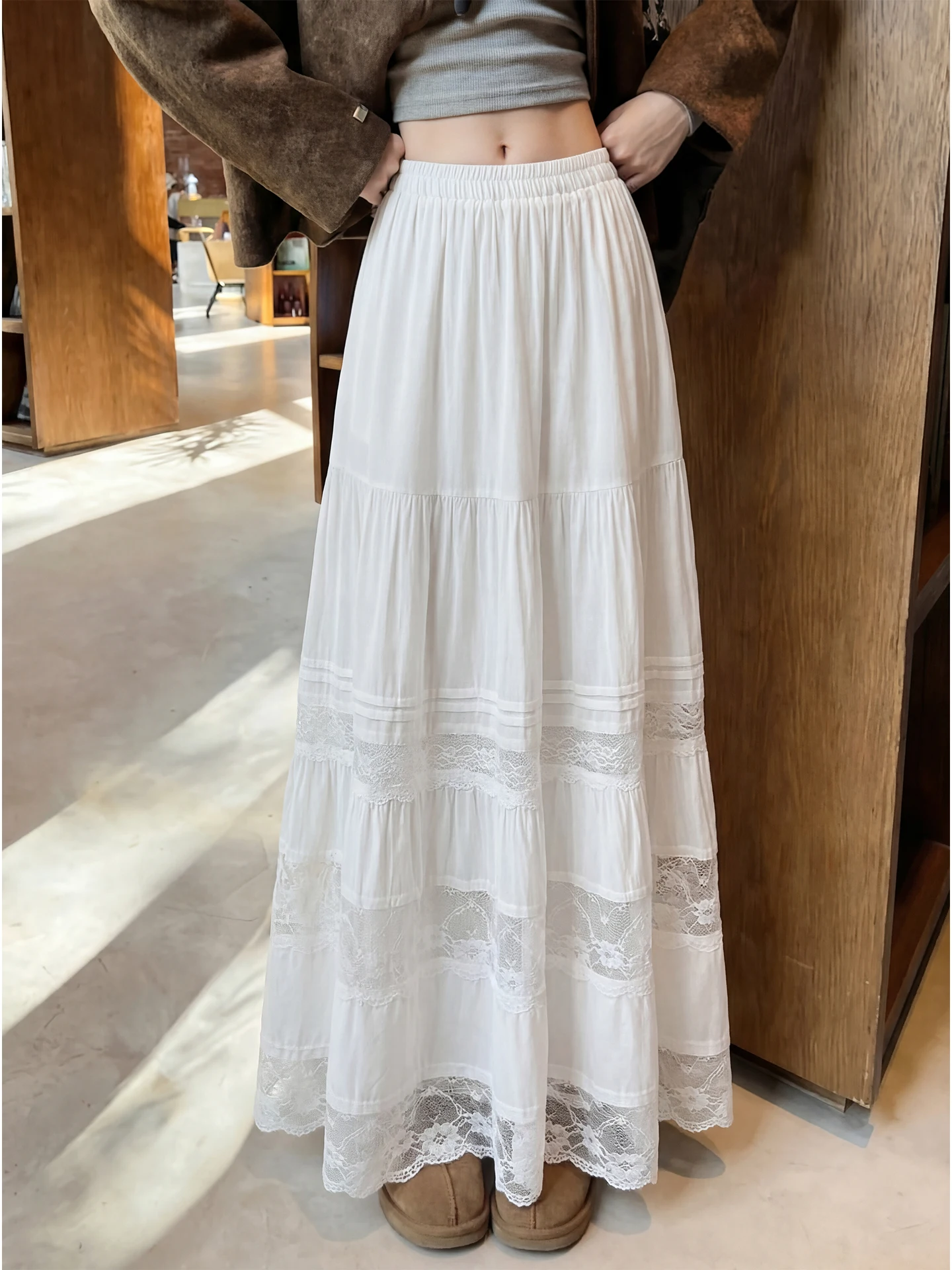 

Spring 2026 High Waist A-Line Long Skirt White Lace Splicing Women's plus Size Gown Ele Sle Commute Korean Sle