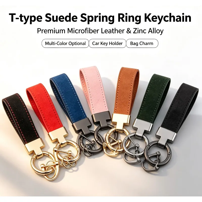 Suede T-shape Car Keychain with Leather Flocked Surface Horseshoe Buckle Pendant Stylish Bag Charm Gift for Women