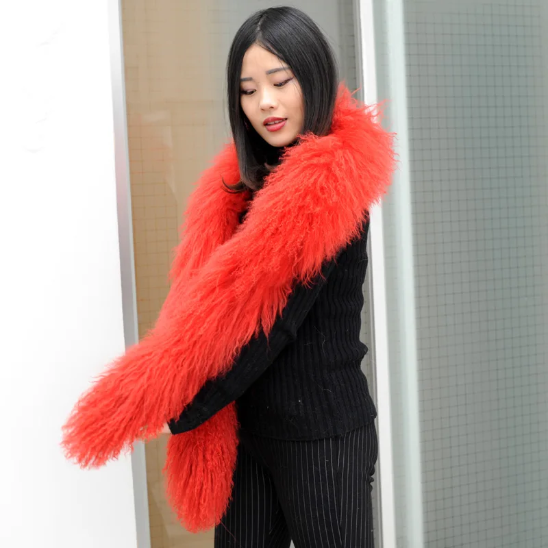 CX-S-108A New Arrival Ladies Elegant Furry Real Mongolian Lamb Fur Long Scarf