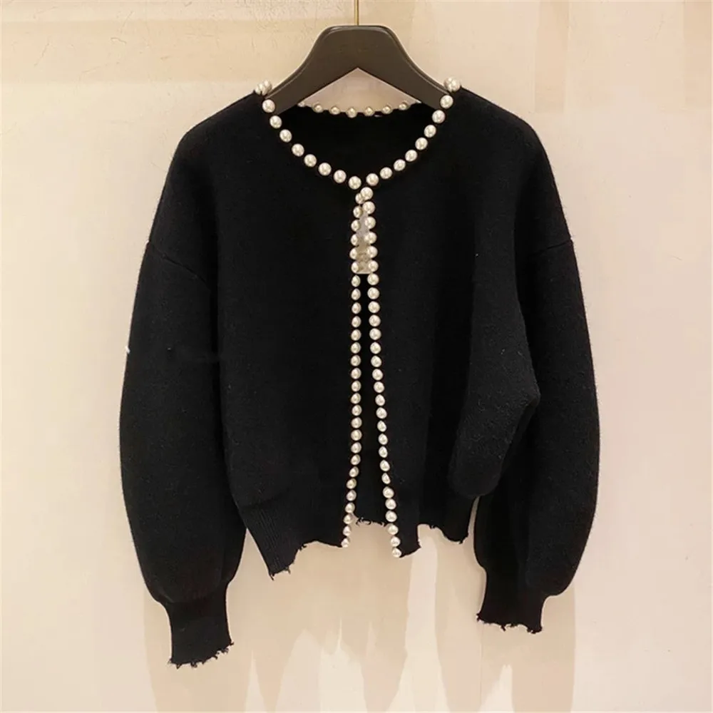 Pearls Batwing Sleeve Knit Vintage Cardigan Office Ladies Fashion Knitted Korean Jackets Women\'S Black High Quality Jacket Coat