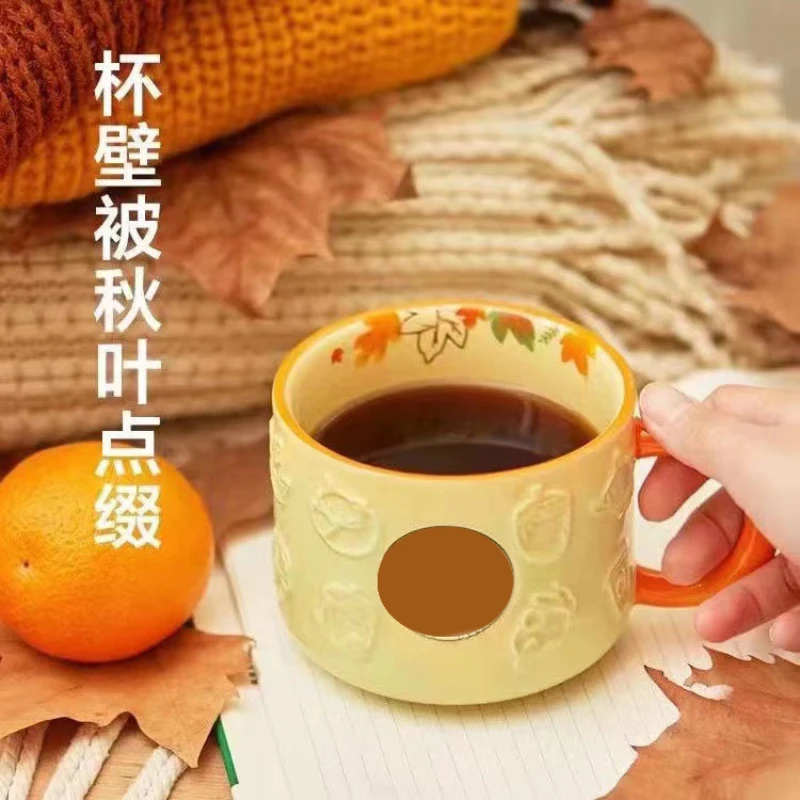 Ceramic Coffee Mug with Logo, Kawaii Cup Set, Fall Mug with Logo, Maple Leaf, Forest, Autumn, Rabbit, Fox, Squirrel, Acorn