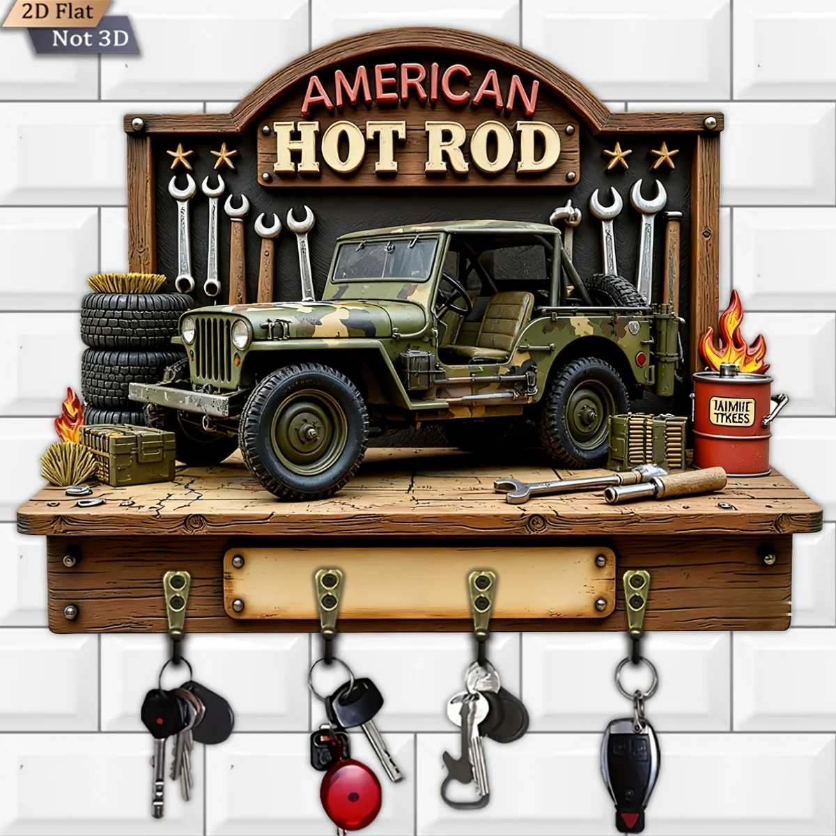 2D flach, 1 Stück, American Hot Rod Theme Style Schlüsselhaken aus Holz, multifunktionaler Heimschlüsselhalter mit vier Metallhaken, Wand