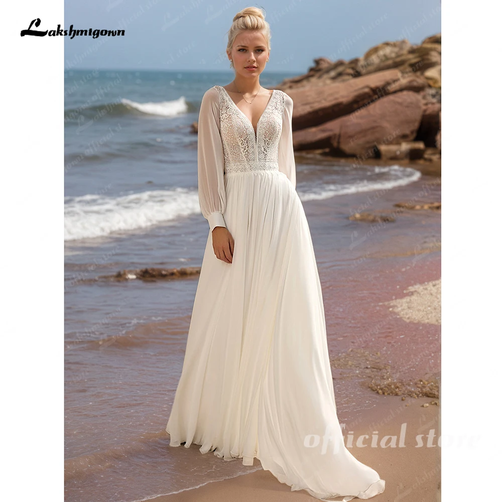 Lakshmigown A-Linien-Satin-Hochzeitskleider für die Braut, tiefer V-Ausschnitt, Perlenstickerei, rückenfrei, Schleppe, Brautkleider nach Maß – Detail 5