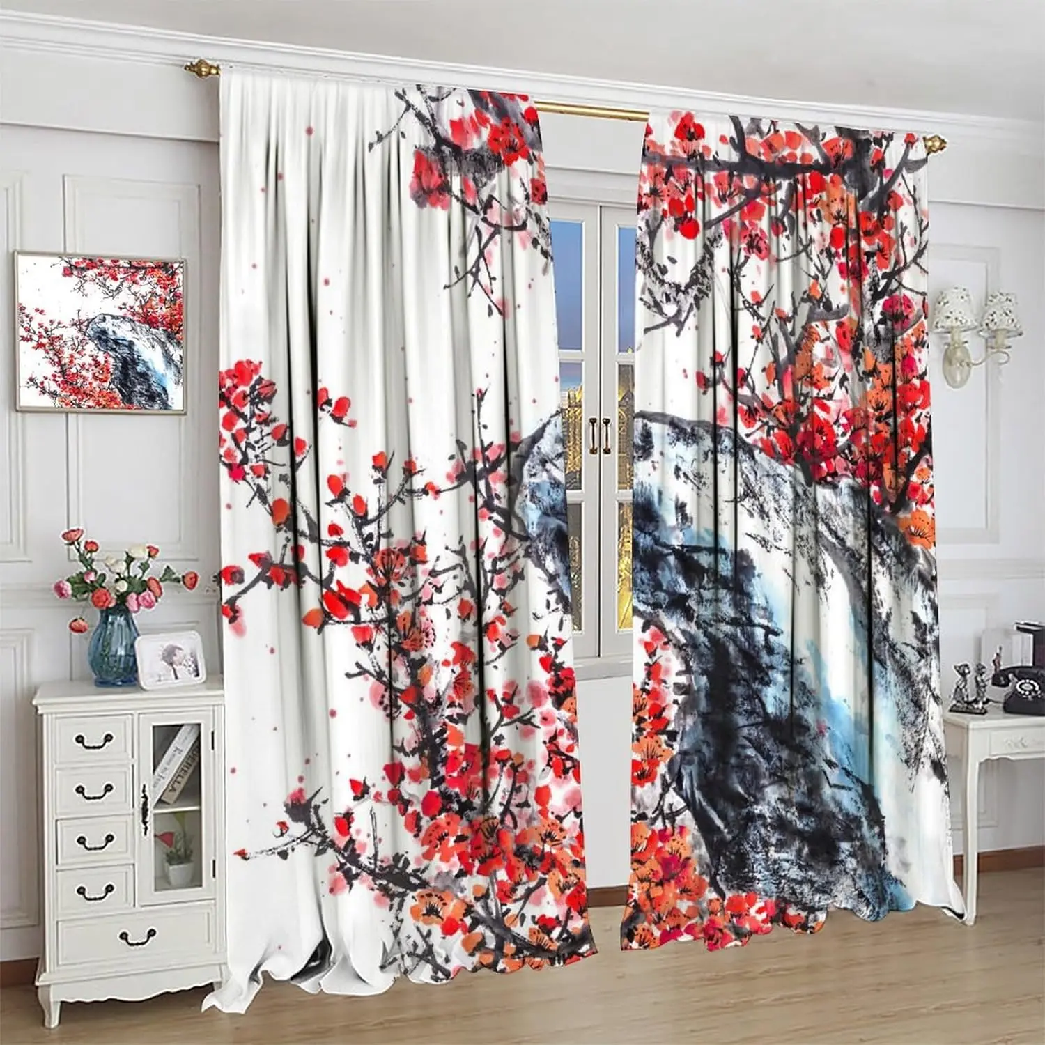 Asian Theme Decor Curtains,Asian Art Flowers Lakeside Landscape Ink Painting Rustic Ethnic Style Pattern 2 Panel Rod Pocket