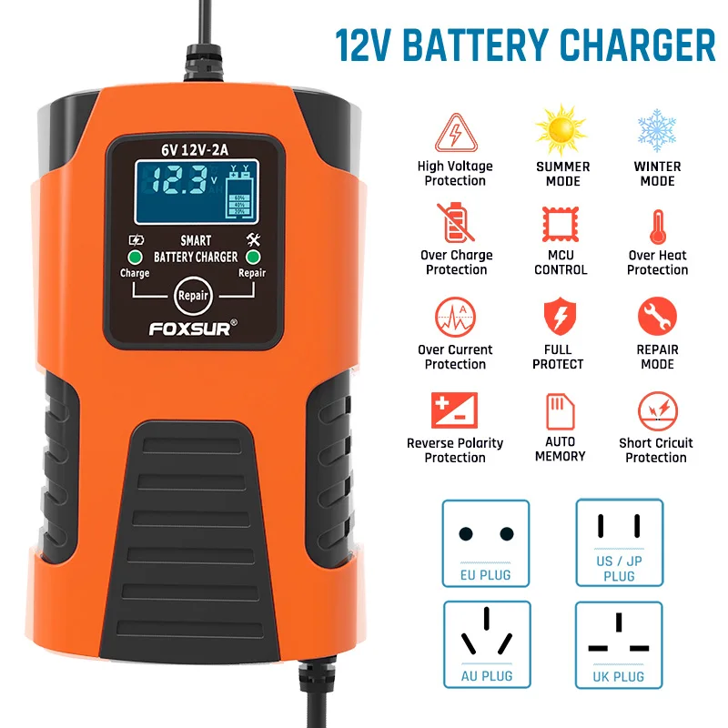 FOXSUR Car Battery Charger 12V Fully Automatic Smart Motorcycle Trucks RVs SUV Yach AGM SLA WET GEL VRLA Lead Acid LCD Display