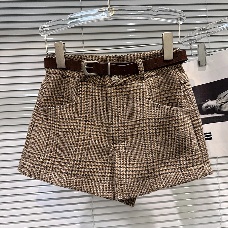 2025 outono inverno novo retro xadrez cor bloqueando casual com cinto moda versátil shorts botas calças para mulher