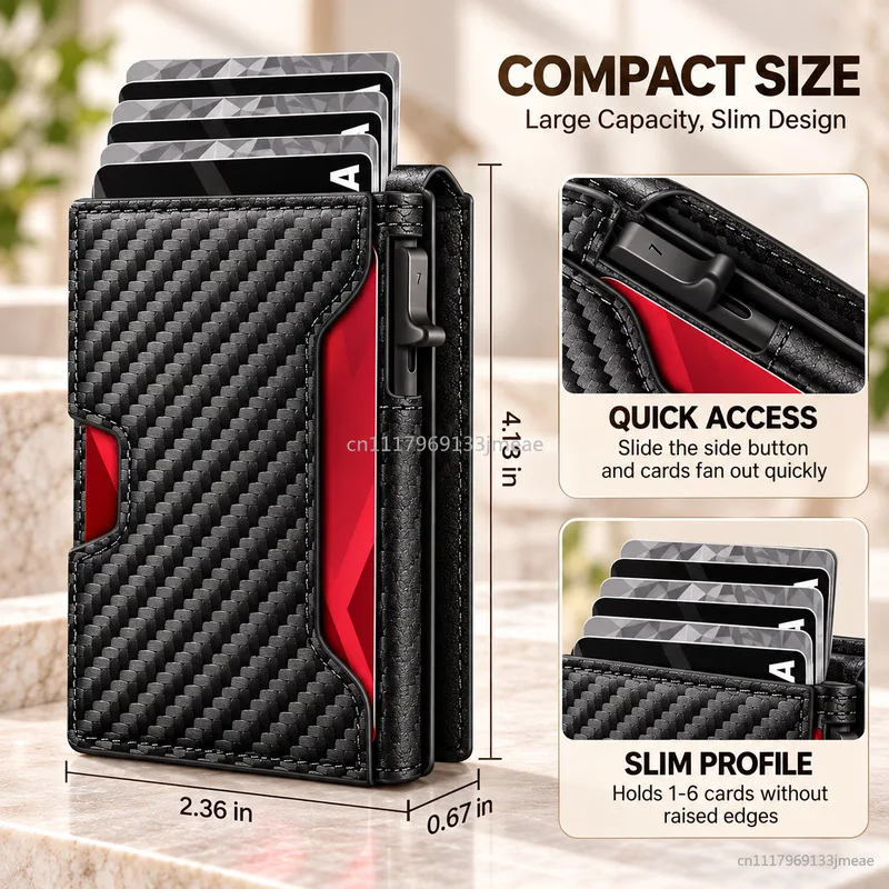 Men RFID Blocking Slim Wallet, Automatic Pop Up Aluminum Card Holder Magnetic Bifold Carbon Fiber Leather With ID Window