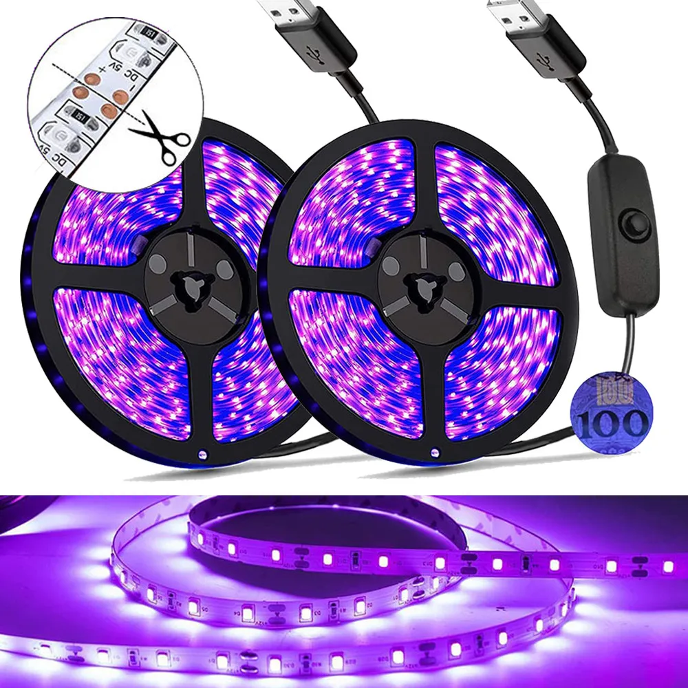 UV Led Strip light 5V UVA Light 395-405nm SMD2835 Ultraviolet Ray LED Diode Ribbon Purple Tape Lamp USB With Switch 60LEDs/m