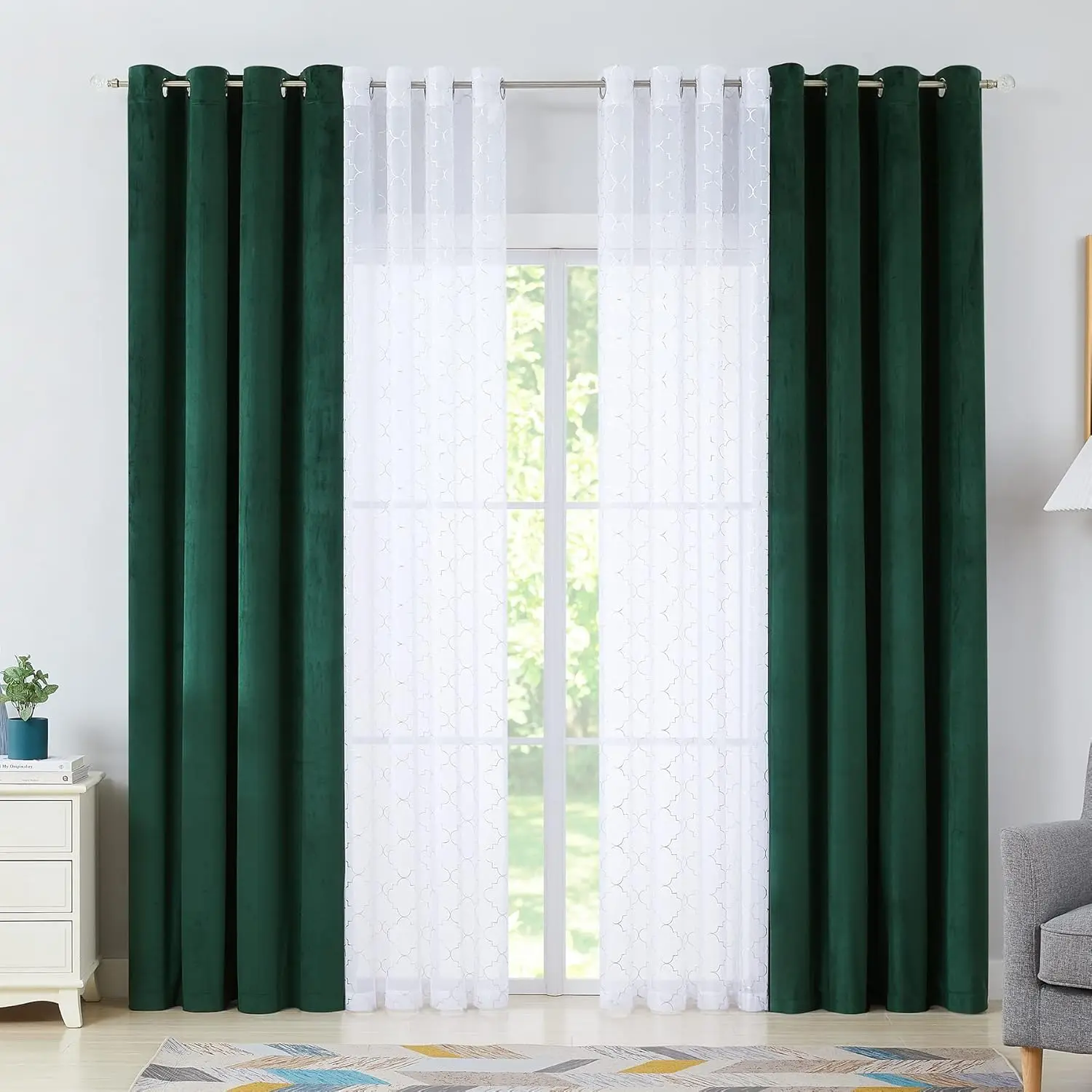 

Enactex 4 Pieces Mix And Match Green Curtains Set 63 Inch For Living Room, Moroccan Silver Printed White Voile Sheer & Solid