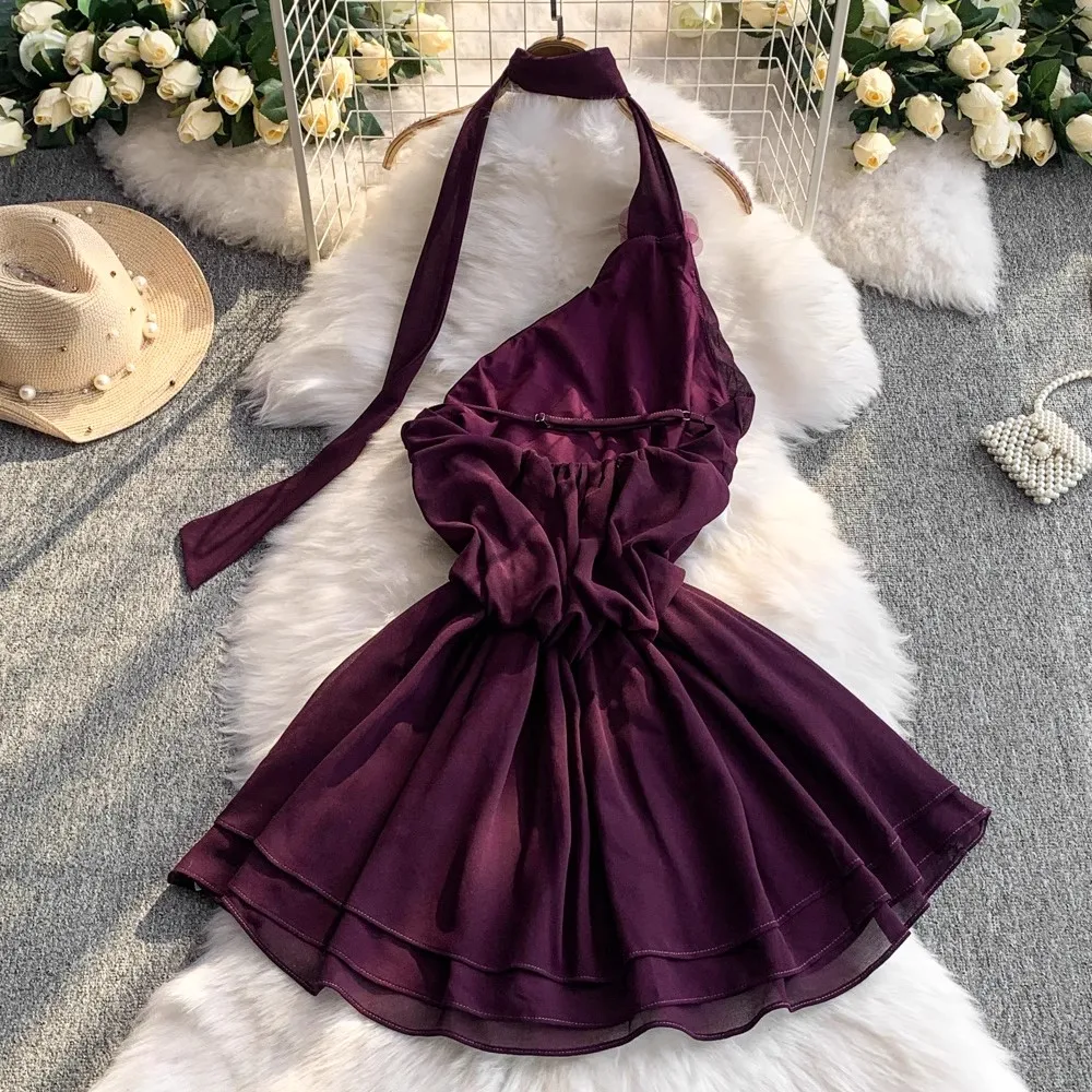 Roxo chiffion vestido feminino halter sem mangas sem costas roupas senhora streetwear elegante vintage em camadas babados roupas senhora