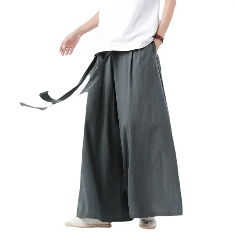 Chinese Tang Cotton Linen Trousers Men\'s Day Kimono Trousers Street Retro Wide Leg Comfortable Kung Fu Martial Arts Trousers