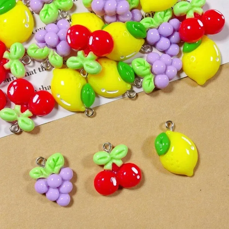 10Pcs Cute Cartoon Fruit Resin Charms Lemon Cherry Grape Pendants, DIY Accessories For Earrings Necklaces Keychains Jewelry